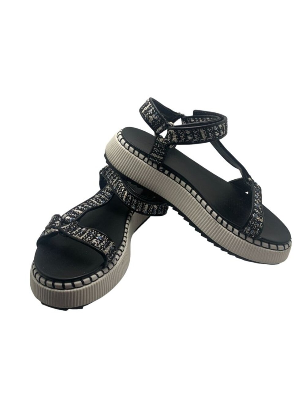 Mix No 6 Size 9M Black & White Platform Sandals Adjustable Straps Textured Woven